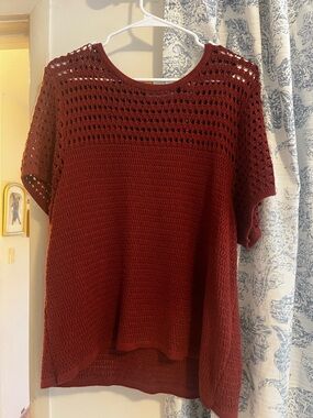 Nine West Open-Stitch Crochet Short Sleeve Sweater - Rust